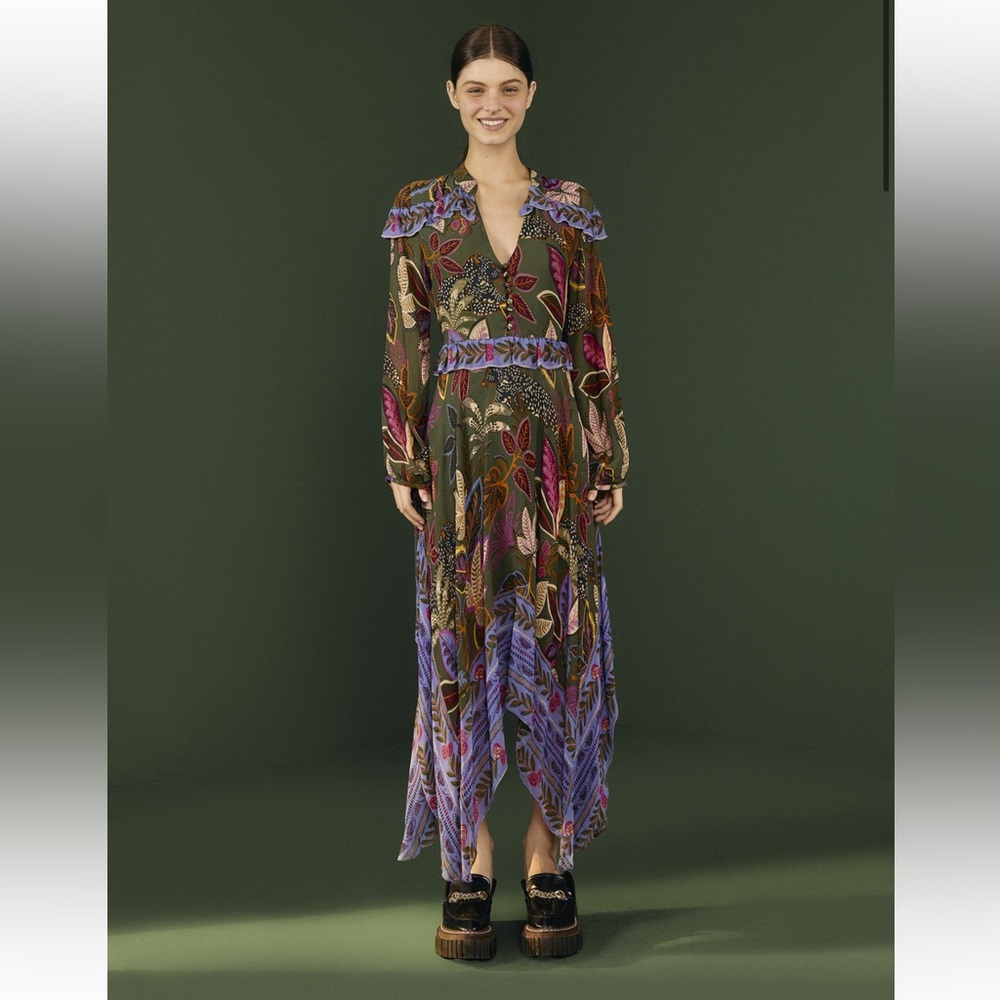 FARM Rio Green Wild Jungle Midi Dress with Purple and Pink Leaf Print NWT